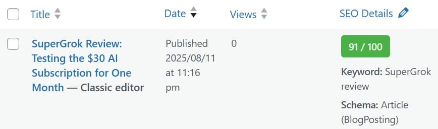 WordPress dashboard showing SuperGrok review post with 91 out of 100 SEO score in RankMath optimization