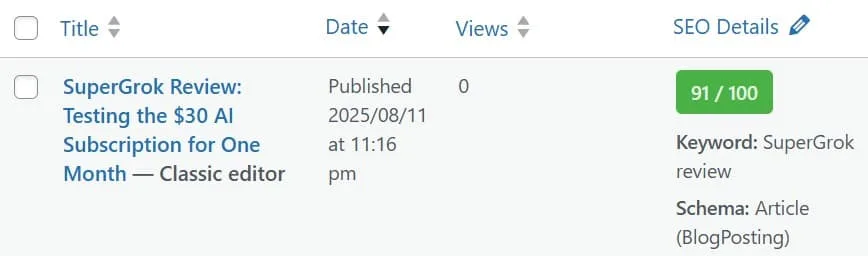 WordPress dashboard showing SuperGrok review post with 91 out of 100 SEO score in RankMath optimization