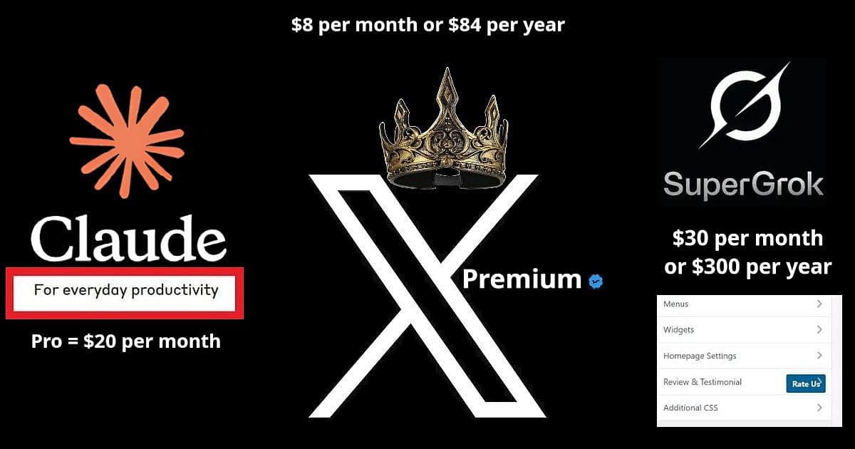 AI subscription cost comparison chart: Claude Pro AI at $20/month for everyday productivity vs SuperGrok AI subscriptions at $30/month vs X Premium $8/month, displaying AI costs and pricing options
