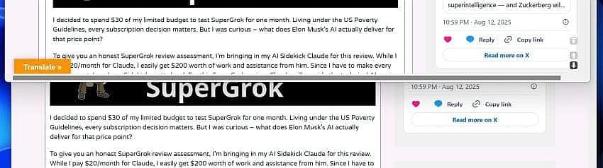 SuperGrok review post displaying perfect 74/26 content to sidebar ratio after successful CSS collaboration showing wider reading area