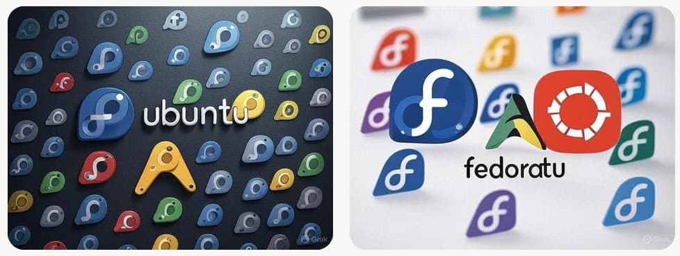 SuperGrok generated Linux distribution logos featuring Ubuntu, Fedora and Arch