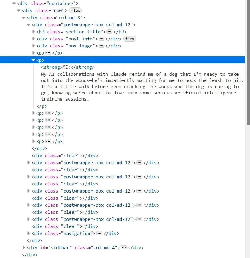Homepage HTML structure showing multiple postwrapper-box col-md-12 full width containers compared to sidebar col-md-4 proving homepage posts were wider than single posts