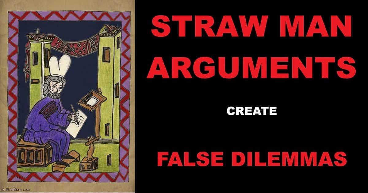 Medieval chronicler Niketas Choniates manuscript illustration with text 'Straw Man Arguments Create False Dilemmas' highlighting false dilemmas and Russian expansion commentary