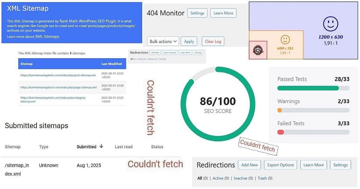 RankMath free features collage showing XML sitemap generation, 404 monitoring, redirections management, social media optimization ratios, 86/100 SEO score, and Google Search Console couldn't fetch status - demonstrating comprehensive free tier capabilities