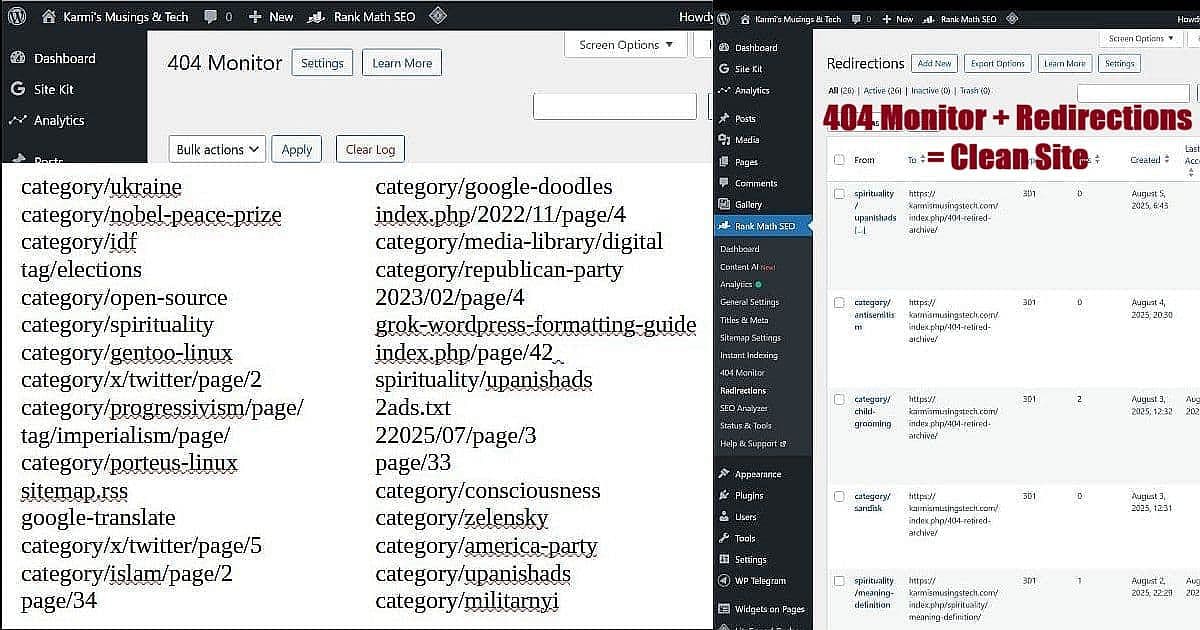 WordPress 404 Monitor and Redirections dashboard showing systematic broken link management workflow with RankMath tools