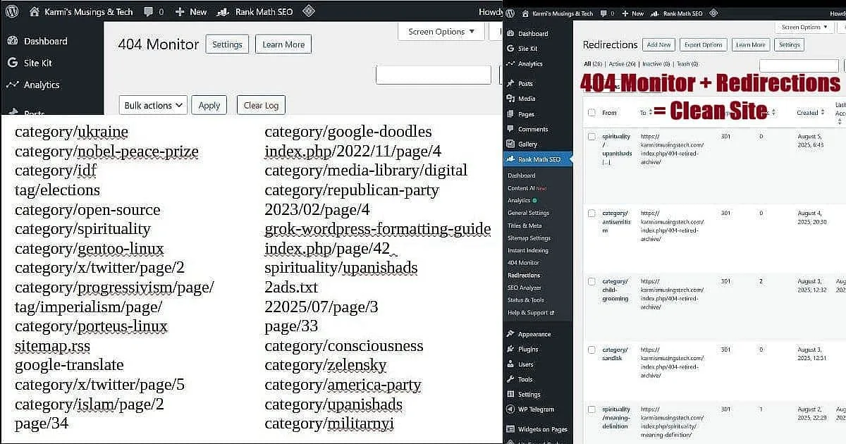 WordPress 404 Monitor and Redirections dashboard showing systematic broken link management workflow with RankMath tools