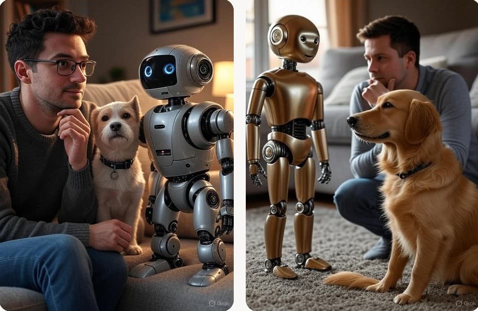SuperGrok generated image of human choosing between robot and dog in realistic style