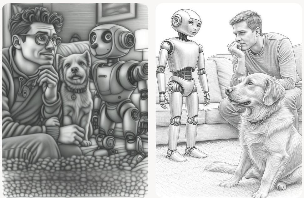 SuperGrok generated image of human choosing between robot and dog in sketch style