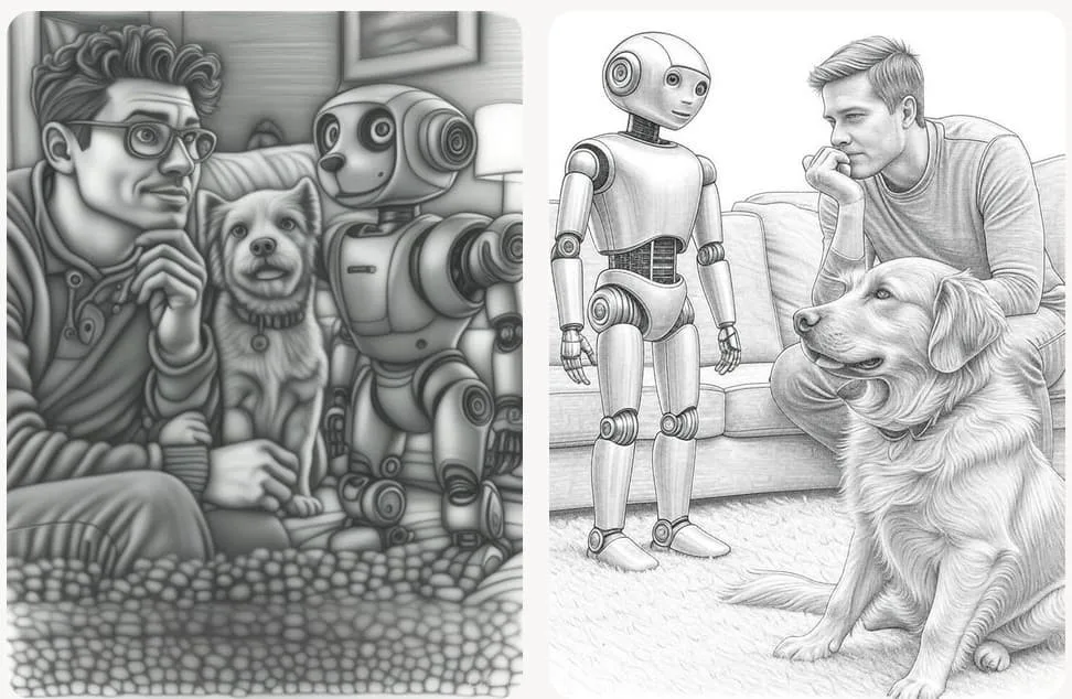 SuperGrok generated image of human choosing between robot and dog in sketch style