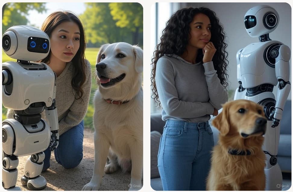 SuperGrok generated image of female human deciding between robot and dog