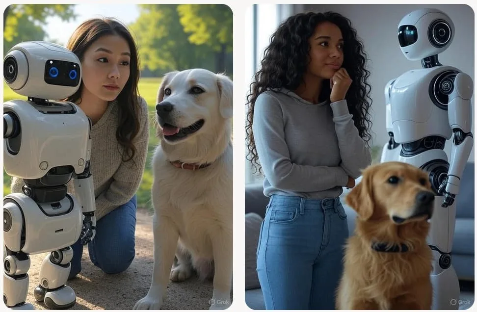 SuperGrok generated image of female human deciding between robot and dog