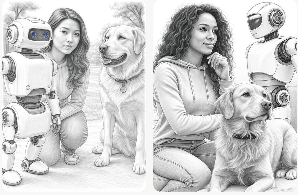 SuperGrok generated sketch style image of female choosing between robot and dog