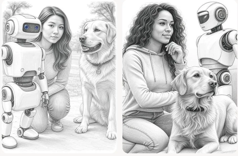 SuperGrok generated sketch style image of female choosing between robot and dog