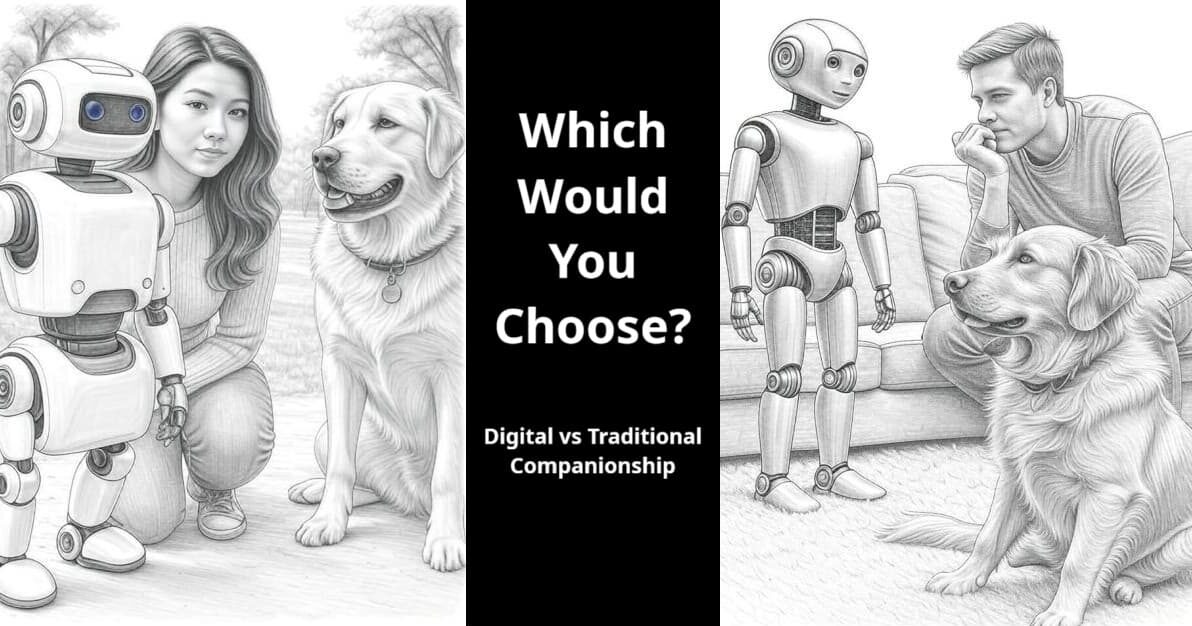 Two people contemplating AI robot and dog, illustrating whether chatbots can replace dogs as man's best friend