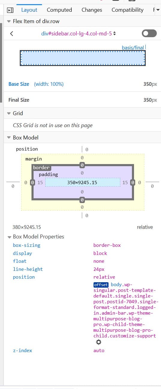 WordPress single post page HTML structure showing content_page col-lg-8 col-md-7 and sidebar col-lg-4 col-md-5 classes in browser inspector