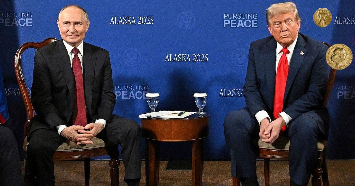 Trump and Putin sit during Alaska 2025 summit with 'Pursuing Peace' banner, Nobel Peace Prize medals floating near Trump showing his obsession driving Ukraine negotiations
