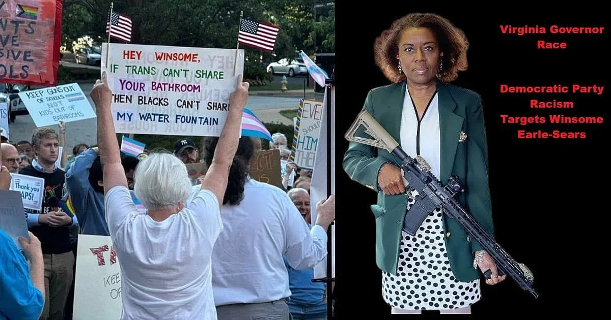 Virginia Governor Race racist sign targeting Winsome Earle-Sears at Arlington School Board meeting shows Democratic Party racism