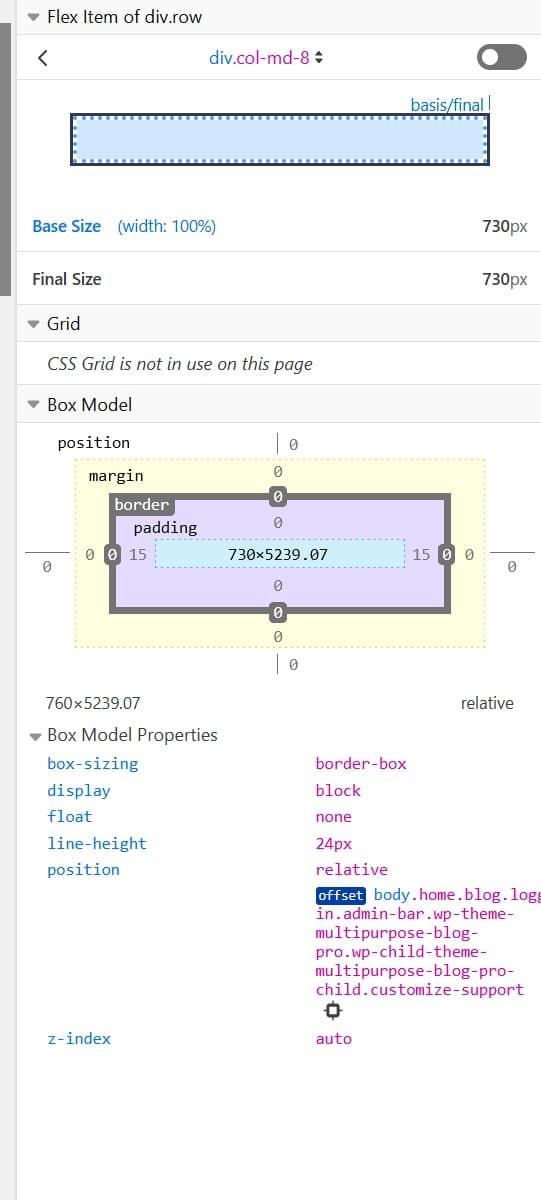 Browser inspect element showing div.col-md-8 with 730px width and box model properties for WordPress content area