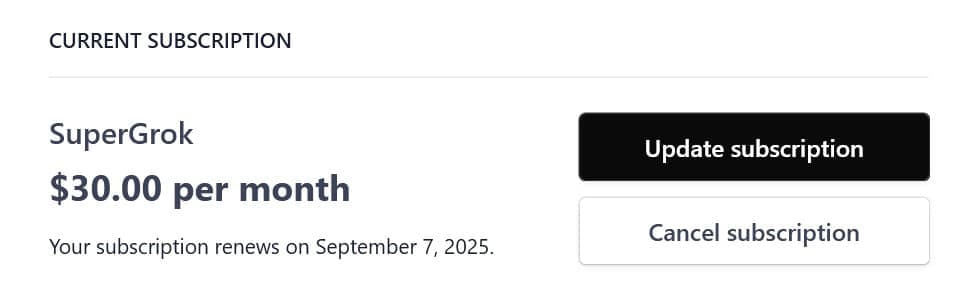 SuperGrok subscription cancellation page showing easy cancel button and September 7, 2025 renewal date at $30 per month