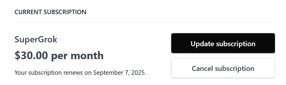 SuperGrok subscription cancellation page showing easy cancel button and September 7, 2025 renewal date at $30 per month