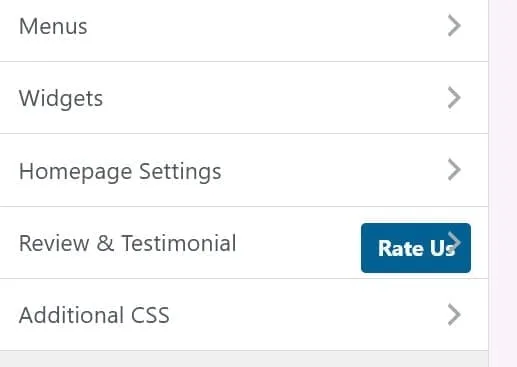 WordPress customizer showing Review & Testimonial Rate Us option before removal