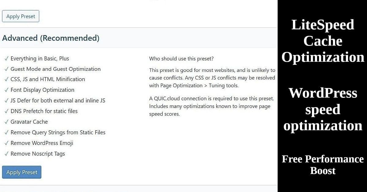 LiteSpeed Cache Advanced preset settings interface showing WordPress speed optimization features and configuration options