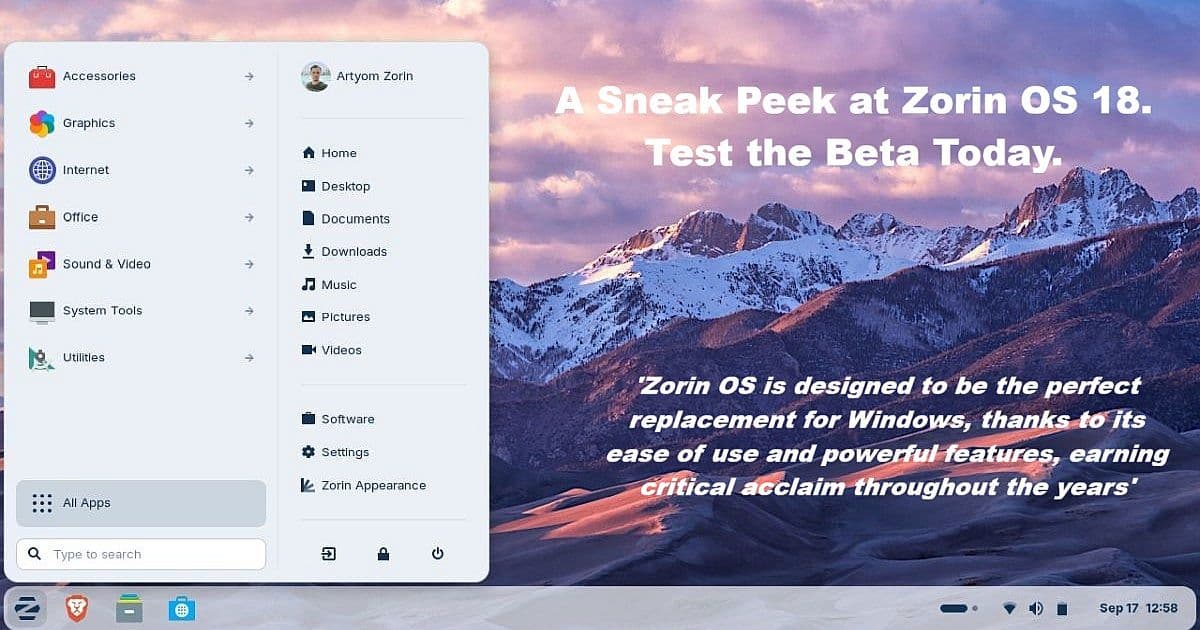 Zorin OS 18 desktop interface showing activities menu and mountain wallpaper with beta announcement text