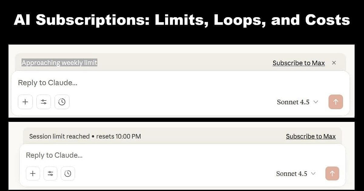 AI Subscription post banner showing Claude AI limit messages — illustrating the hidden loops and costs of AI subscriptions.