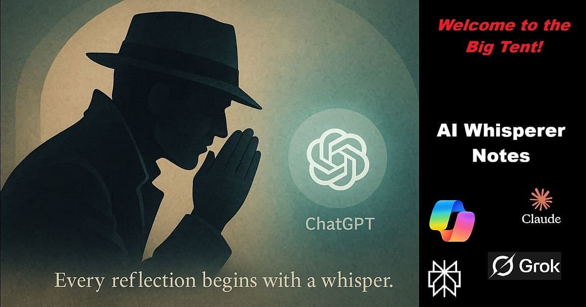 Digital illustration of the AI Whisperer in silhouette, hands clasped in thought before the ChatGPT logo, beside the title AI Whisperer Notes with logos for Claude and Grok.