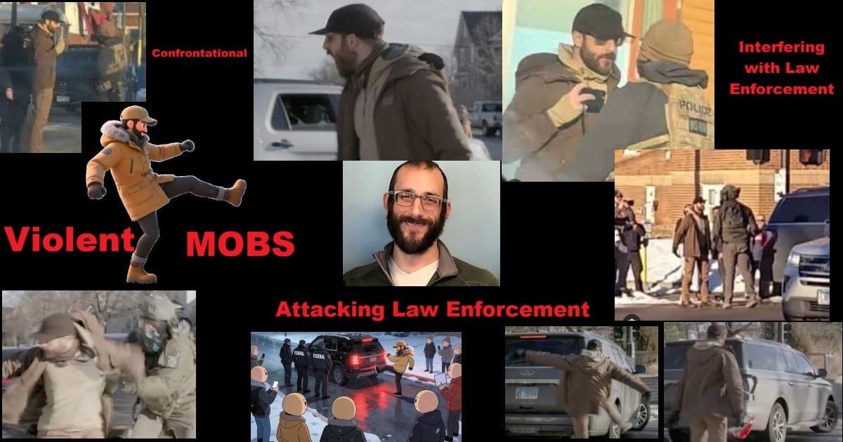 Collage of blurred images and illustrations showing Alex Pretti yelling at, shoving, and kicking at federal agents and their SUV, with captions like “Confrontational,” “Interfering with Law Enforcement,” and “Attacking Law Enforcement” under the headline “Violent MOBS.”