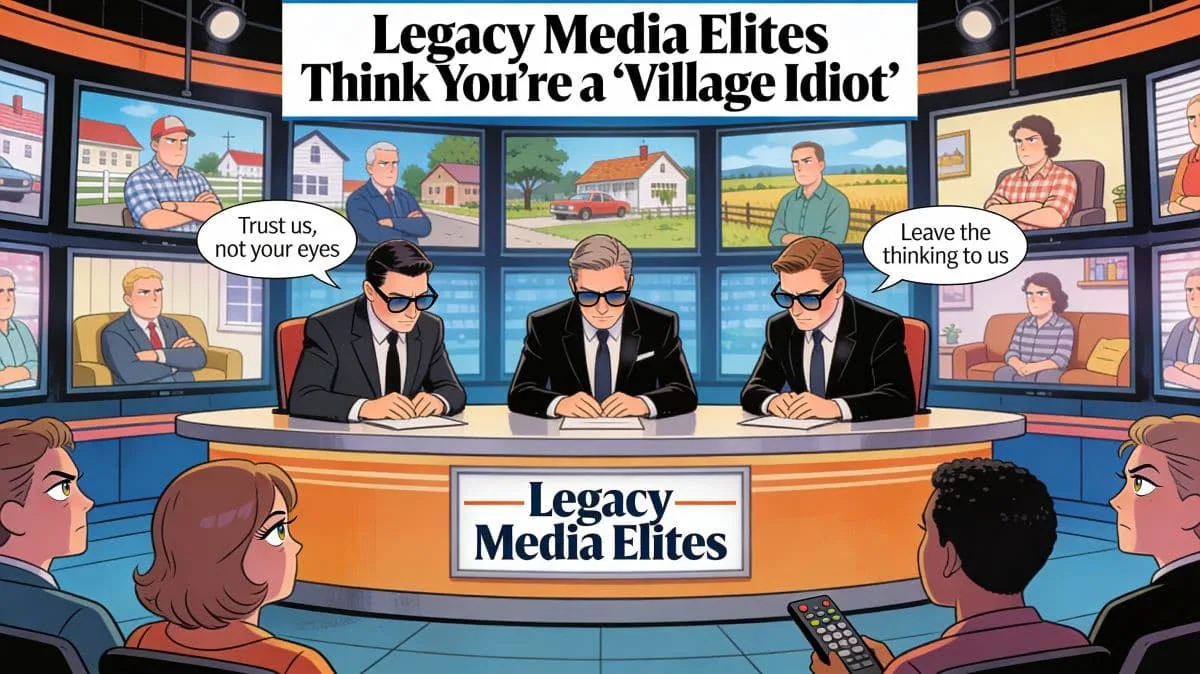 Legacy media elites cartoon illustration showing polished TV news anchors labeled “Legacy Media Elites” looking down on skeptical ordinary viewers, for post titled “Legacy Media Elites Think You’re a ‘Village Idiot’.”