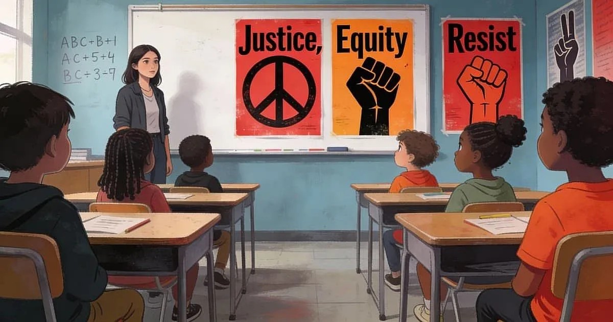 K–5 classroom where Social Justice slogans on the board crowd out basic reading, writing, and math lessons.