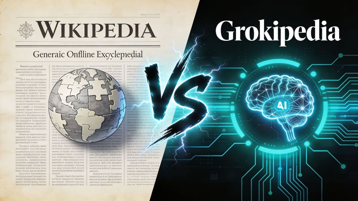 Grokipedia vs Wikipedia – AI encyclopedia versus traditional online encyclopedia illustration.