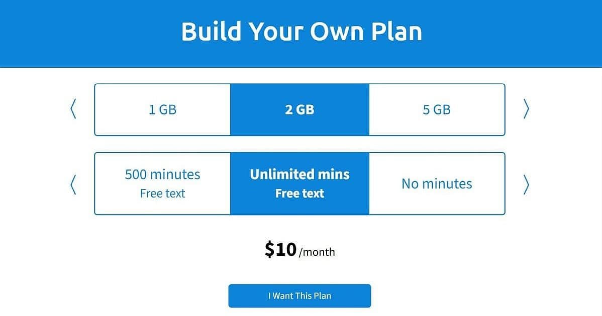Tello Mobile $10 per month 2GB unlimited minutes plan screenshot showing Build Your Own Plan options.