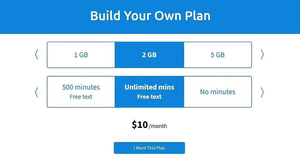 Tello Mobile $10 per month 2GB unlimited minutes plan screenshot showing Build Your Own Plan options.