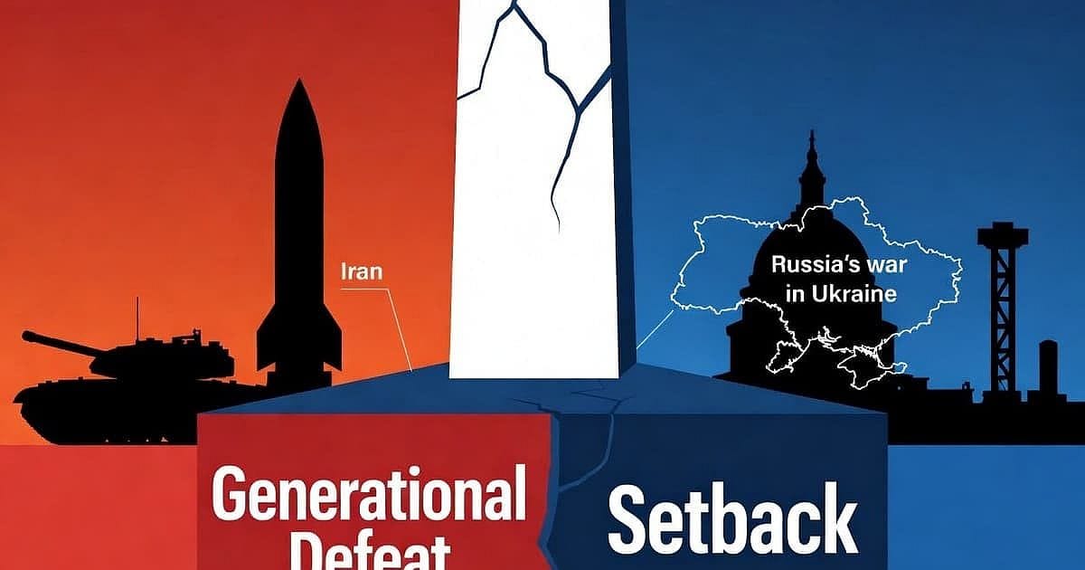 Generational Defeat vs Setback illustration with Iran as generational defeat and Russia’s war in Ukraine as a setback, split red and blue with a cracked pillar in the center.