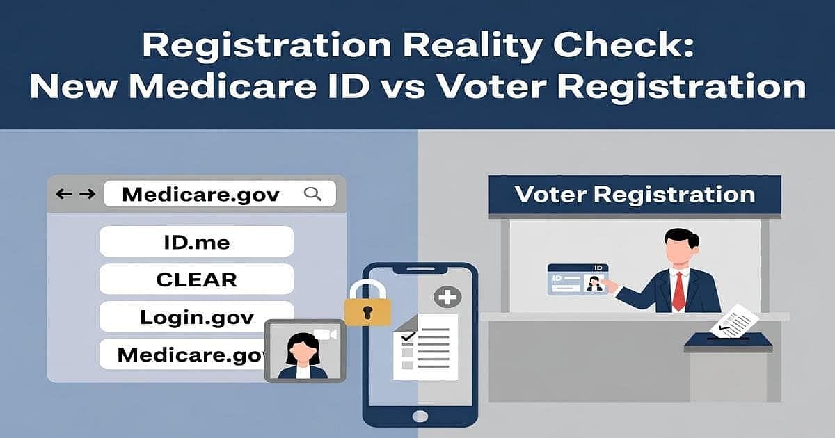 Registration Reality Check graphic comparing new Medicare.gov ID login options (ID.me, CLEAR, Login.gov, Medicare.gov) on the left with a simple voter registration desk and ID check on the right.