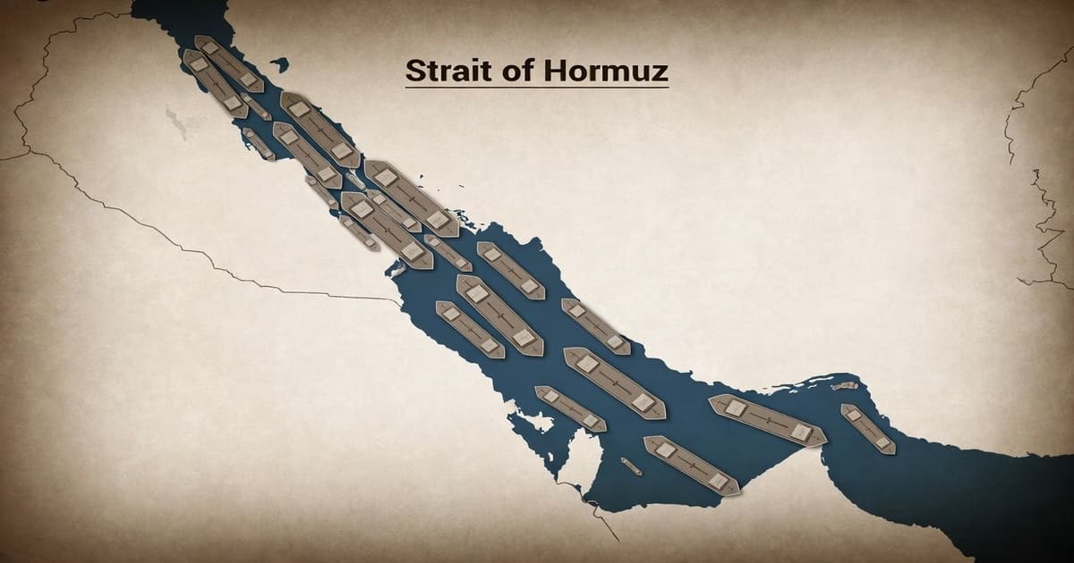 Map illustration of oil tankers jammed in the Strait of Hormuz, showing the oil chokepoint during a Half‑War with Iran.